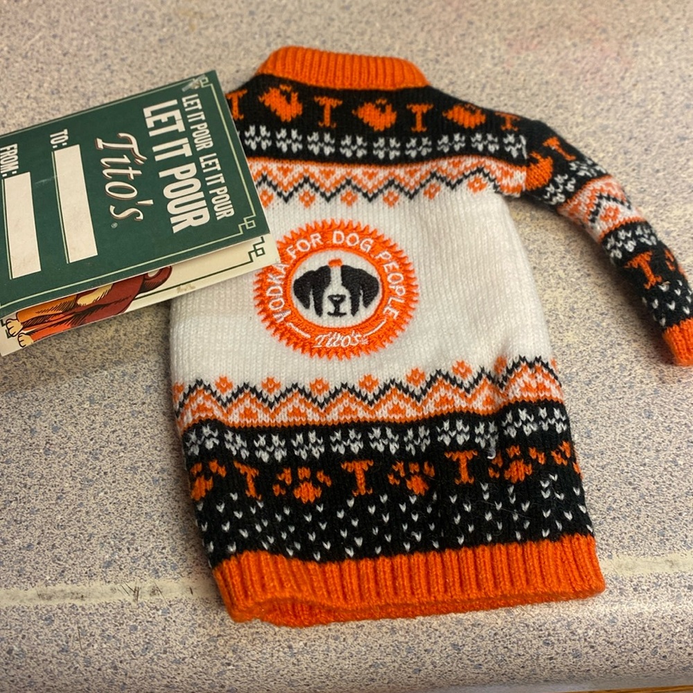 Tito’s vodka bottle sweater  “vodka for dog people” promo.  Barbie doll size